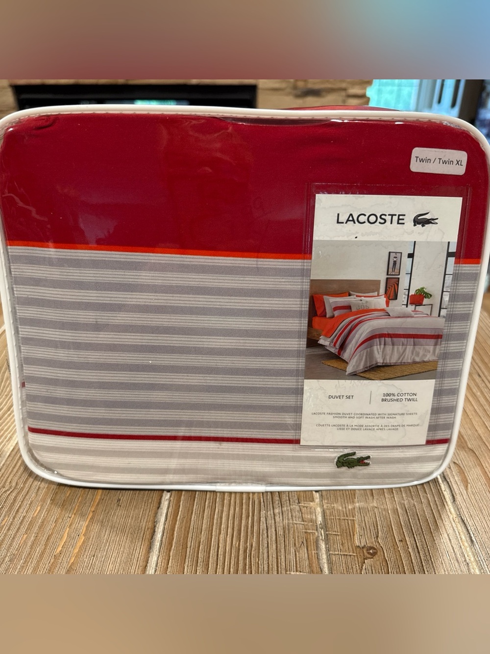 Lacoste Sirocco Twin XL Duvet Set Red Stripe Archival Collection Open Box